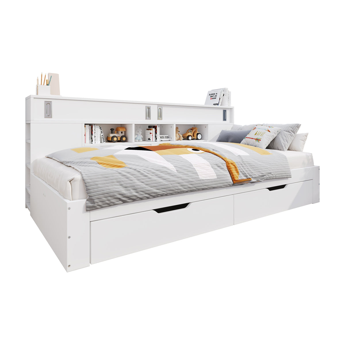 Daybed with Storage Drawers and Shelves, 140x200 cm, White