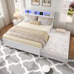 Double Bed with Trundle, Storage & LED Light, White Pine Frame