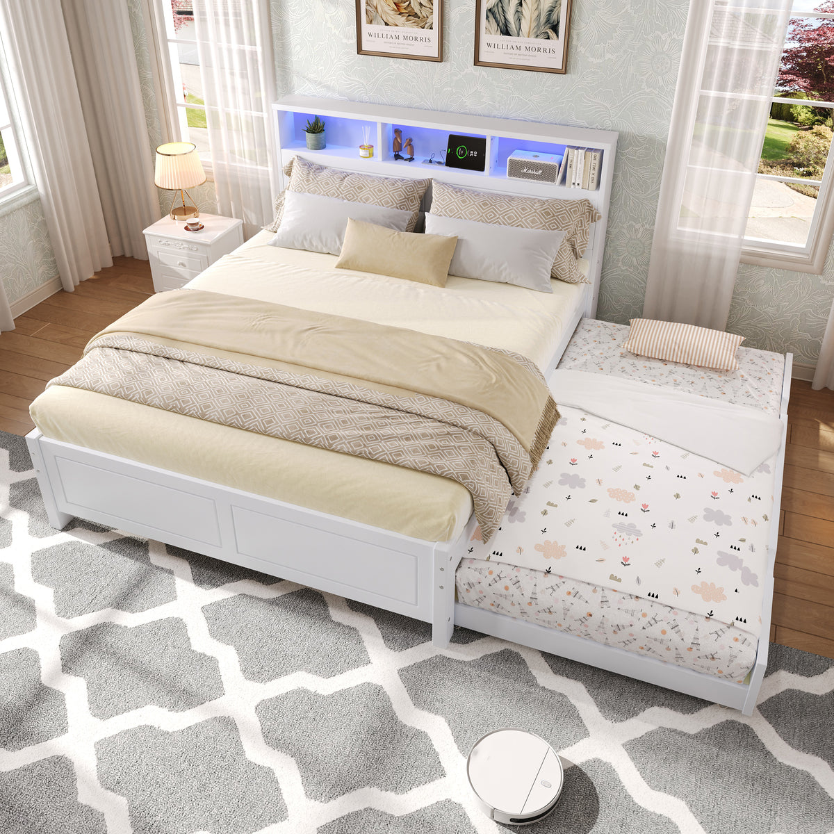 Double Bed with Trundle, Storage & LED Light, White Pine Frame