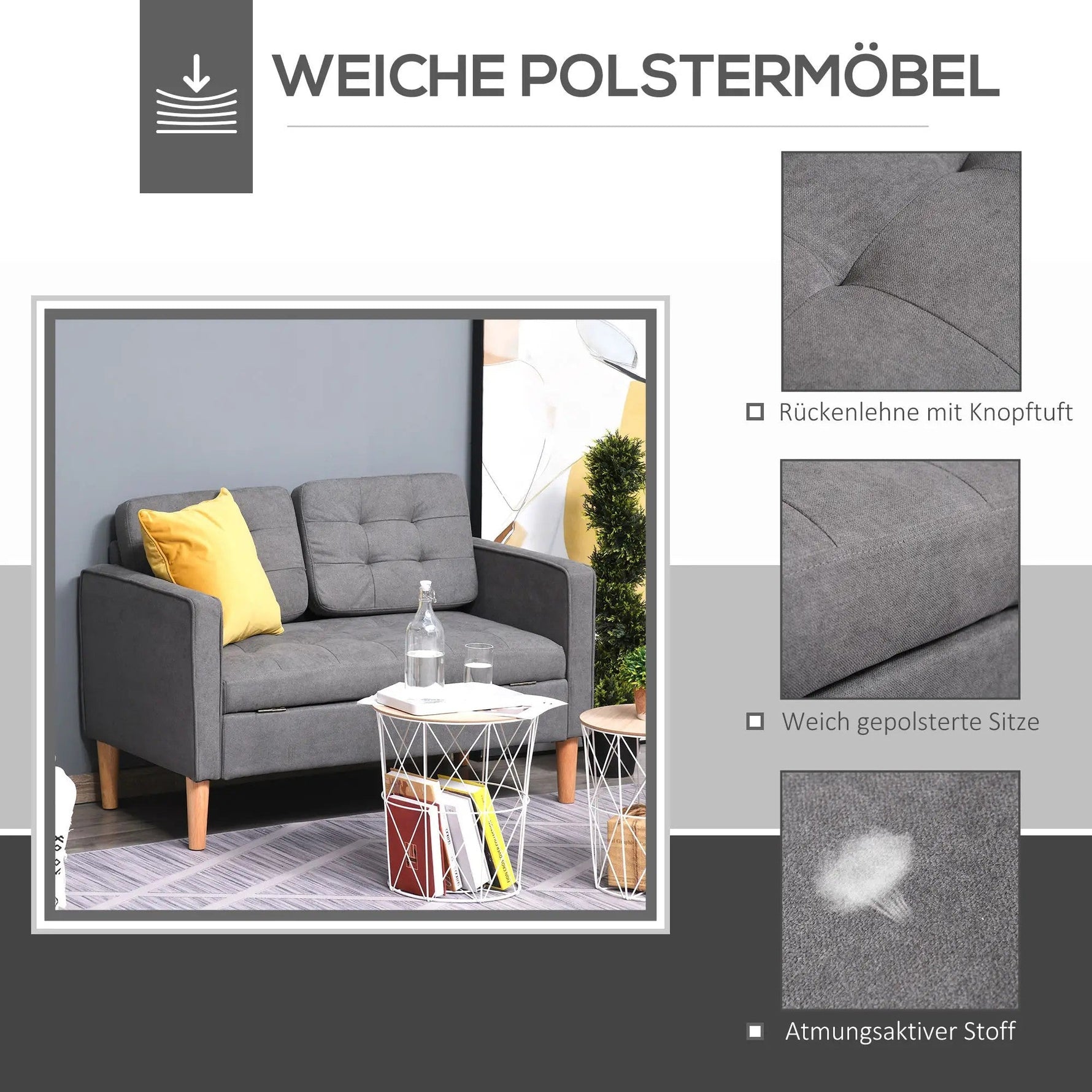 2-Seater Sofa, Removable Cushions, Fabric, Grey