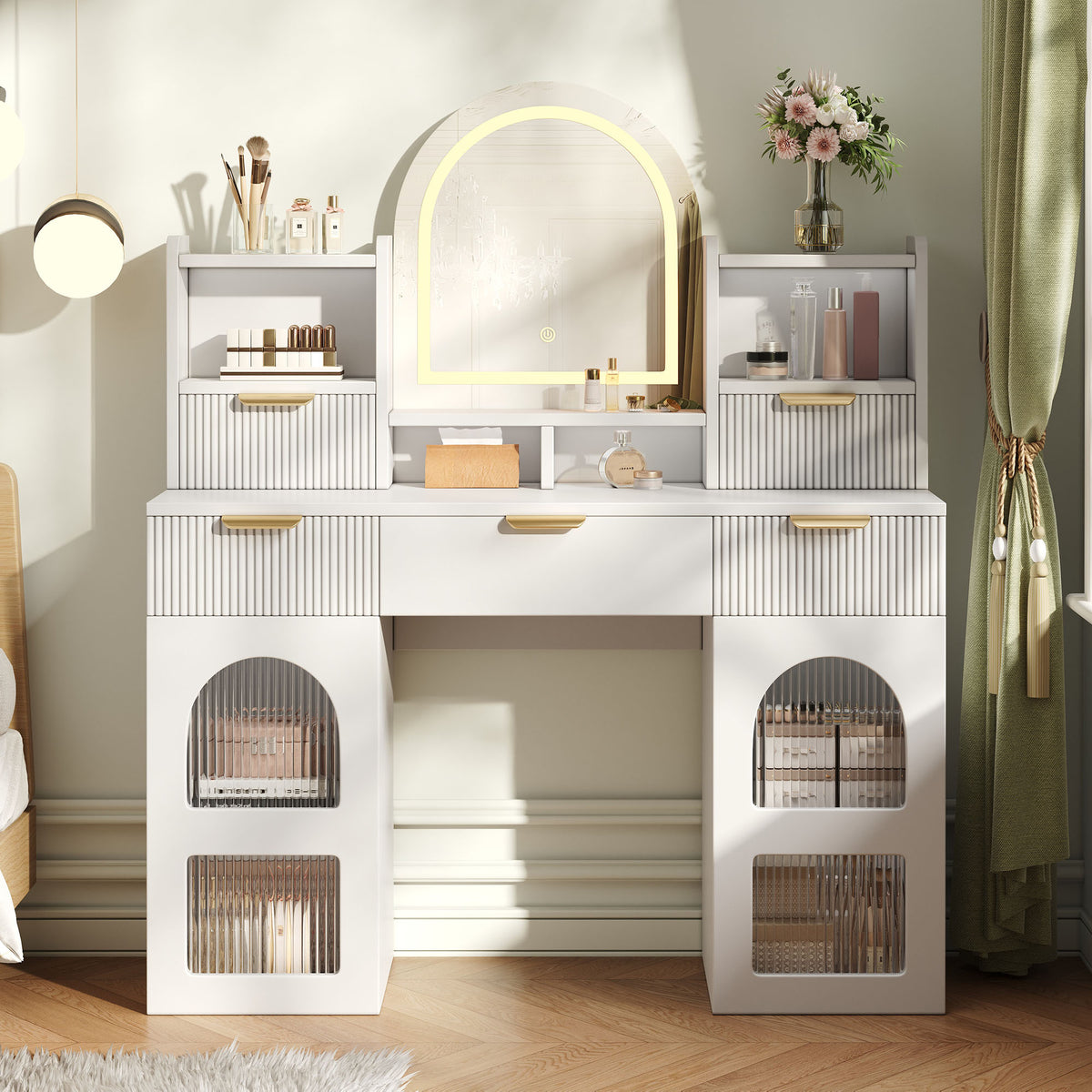 Large Dressing Table with LED Mirror, 3 Drawers & Shelves, White