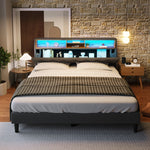 Upholstered Double Bed, Storage Headboard LED Lighting Wooden Frame 140x200cm, Grey