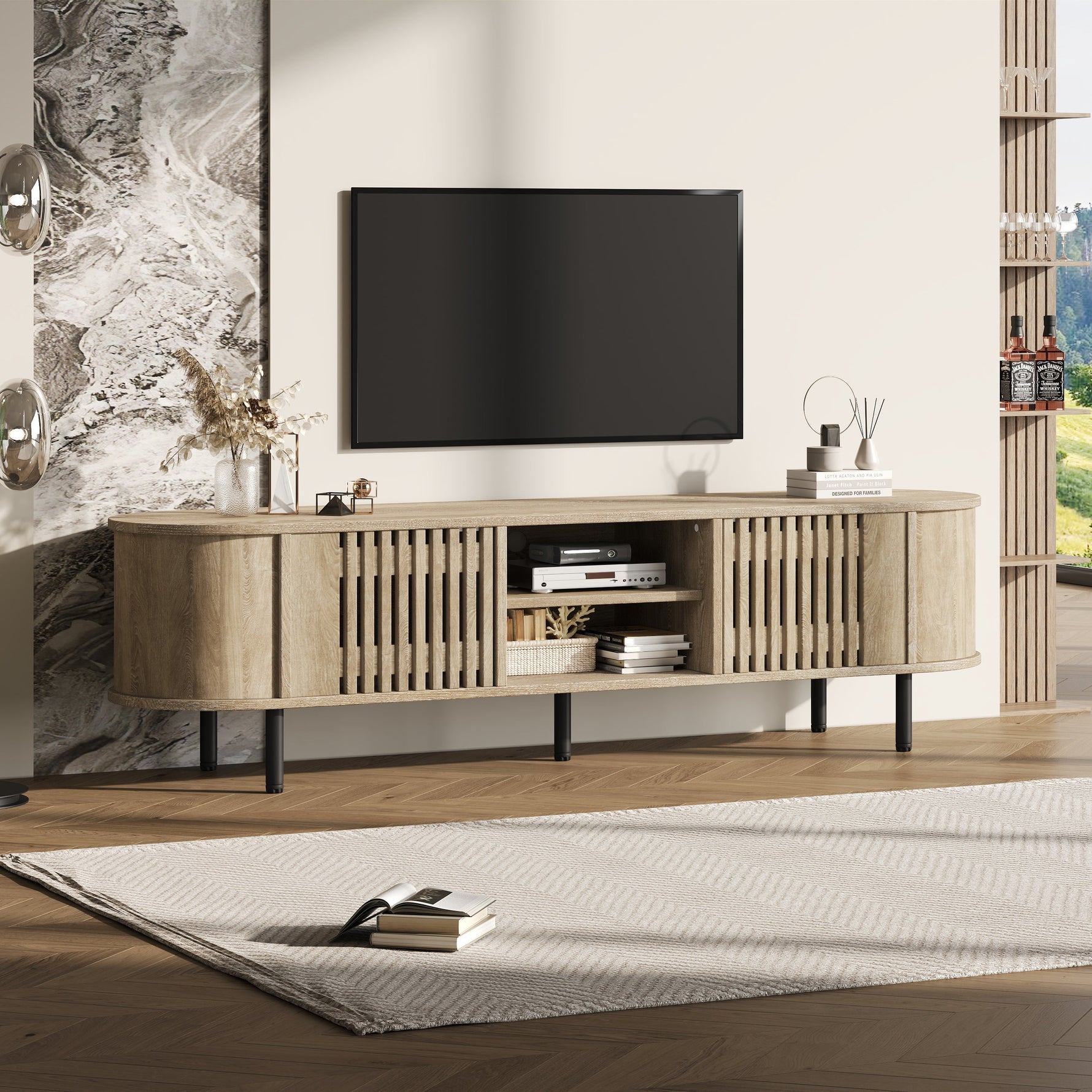 TV Cabinet Lowboard 160x40x47cm Openwork Design 2 Cabinets for 65" TV - Natural Wood