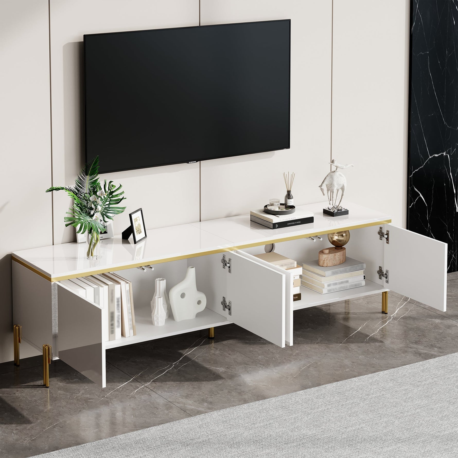 TV Stand Modern High-Gloss with 4 Cabinet Doors and Storage, Gold Edge Banding