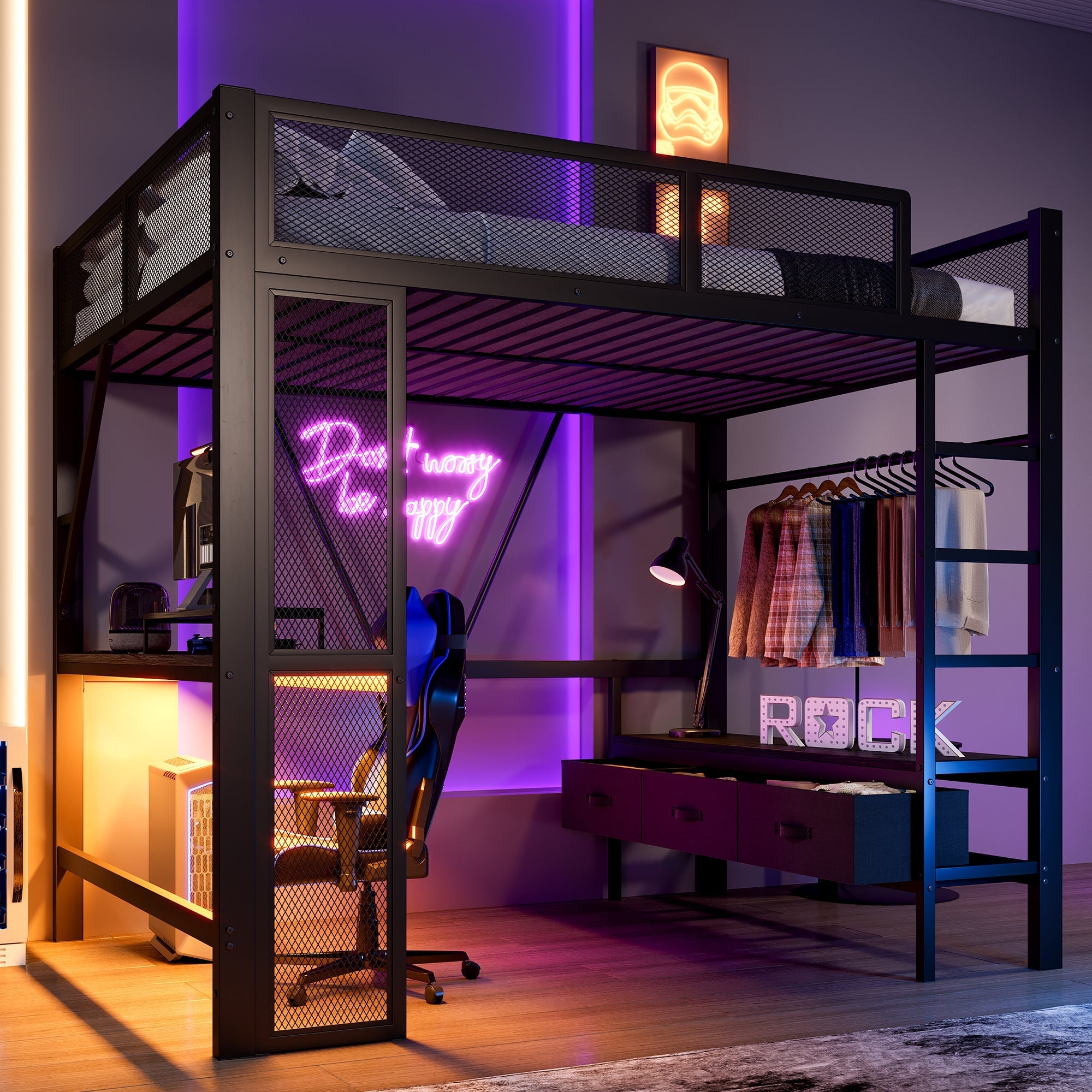 Metal Play Loft Bed with USB, LED, Desk and Wardrobe, 140x200cm, Black Metal