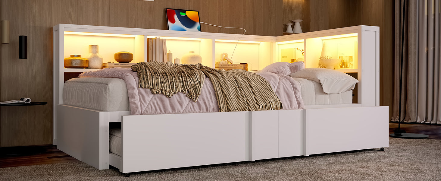 Metal Daybed 90x200cm Pull-out Bed Storage Cabinets LED USB White
