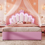Princess Upholstered Bed 140x200cm Crown Shape LED 2 Drawers - PU Pink