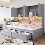 Multifunctional Bed 90x200cm with Desk, Storage & LED, Grey Wood