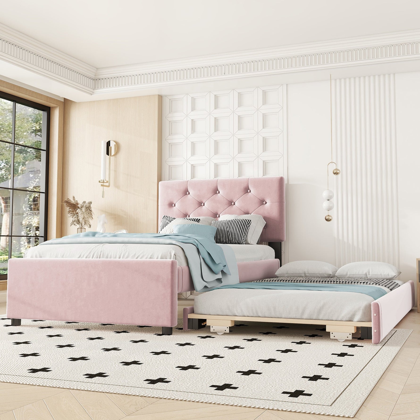 Upholstered Bed 90x200cm with Slatted Base and Rolling Storage, Pink Velvet