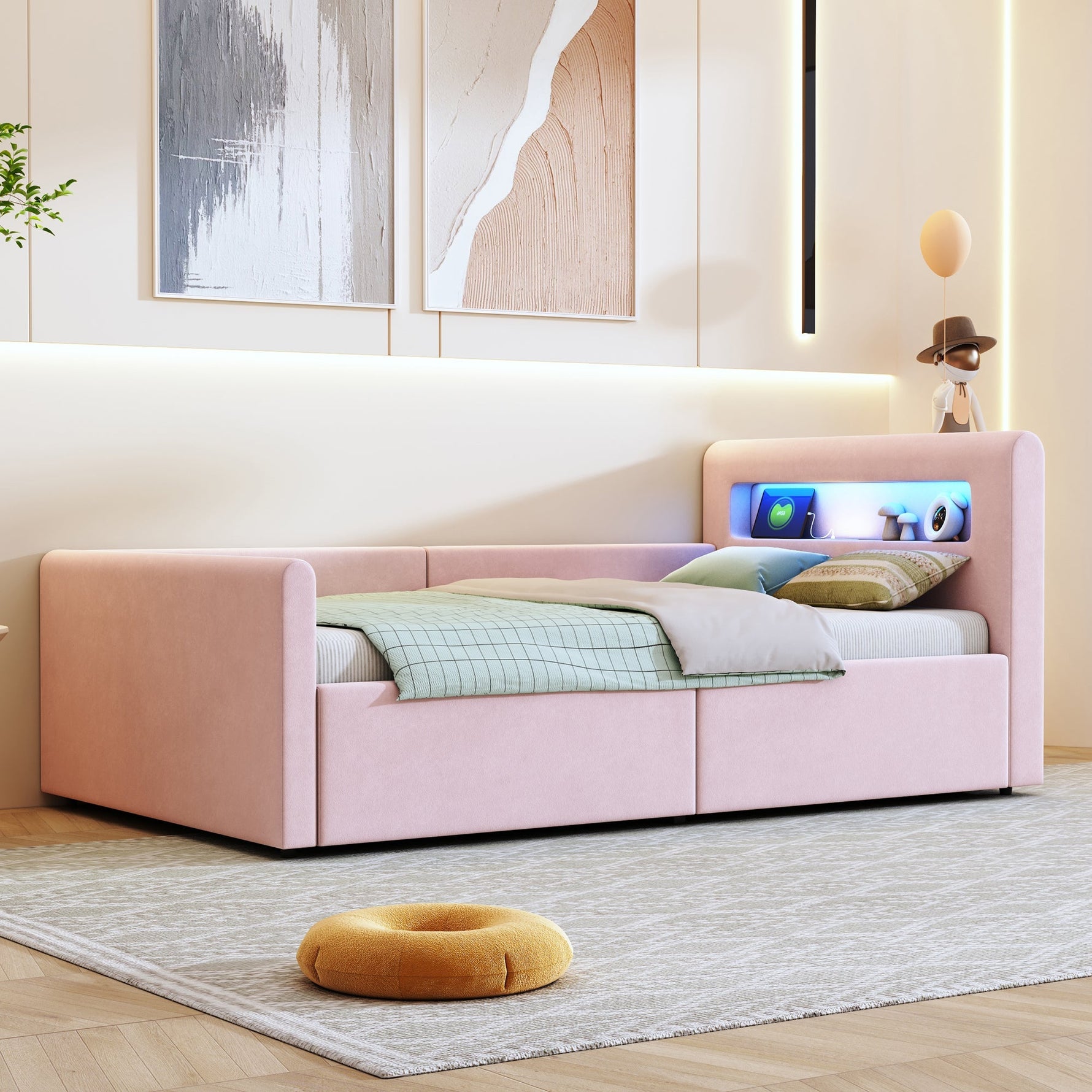 Upholstered Children's Bed 90x200cm LED USB Storage Velvet Pink