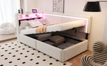 Upholstered Sofa Bed 90x200 cm with LED Lighting, USB Ports and Hydraulic Storage, Beige Velvet