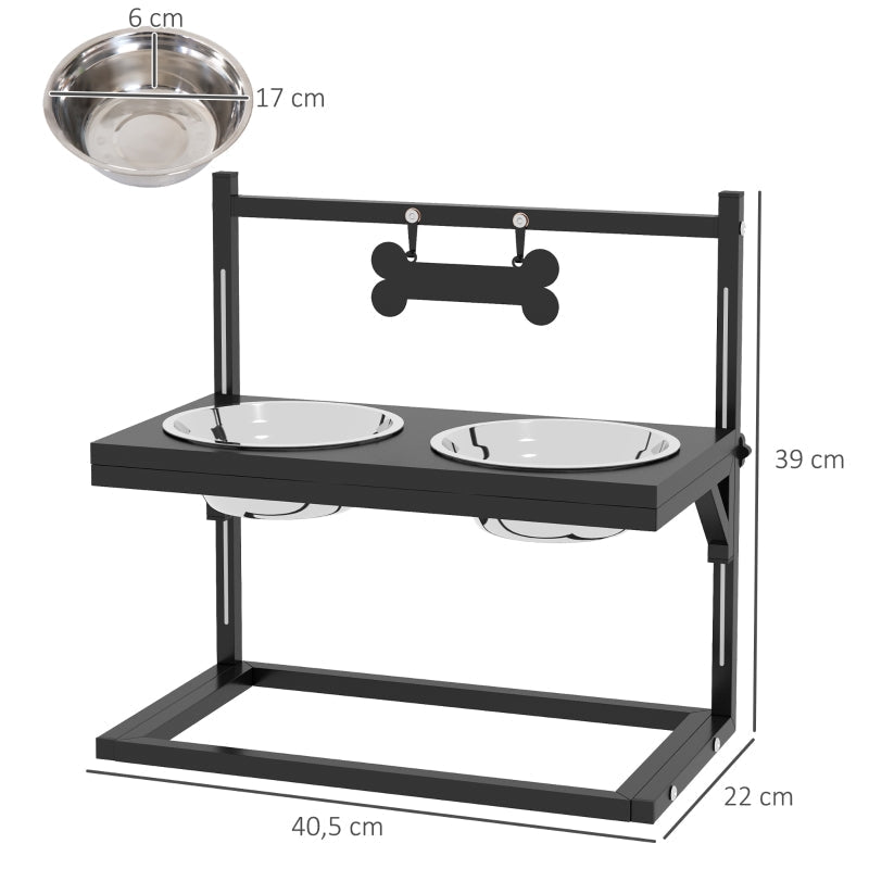 Feeding Station, Raised Bowls, Stainless Steel, Black + Silver
