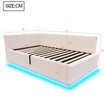Upholstered Bed 90x200cm with LED Lighting, USB Ports and Hydraulic Storage, Beige Velvet