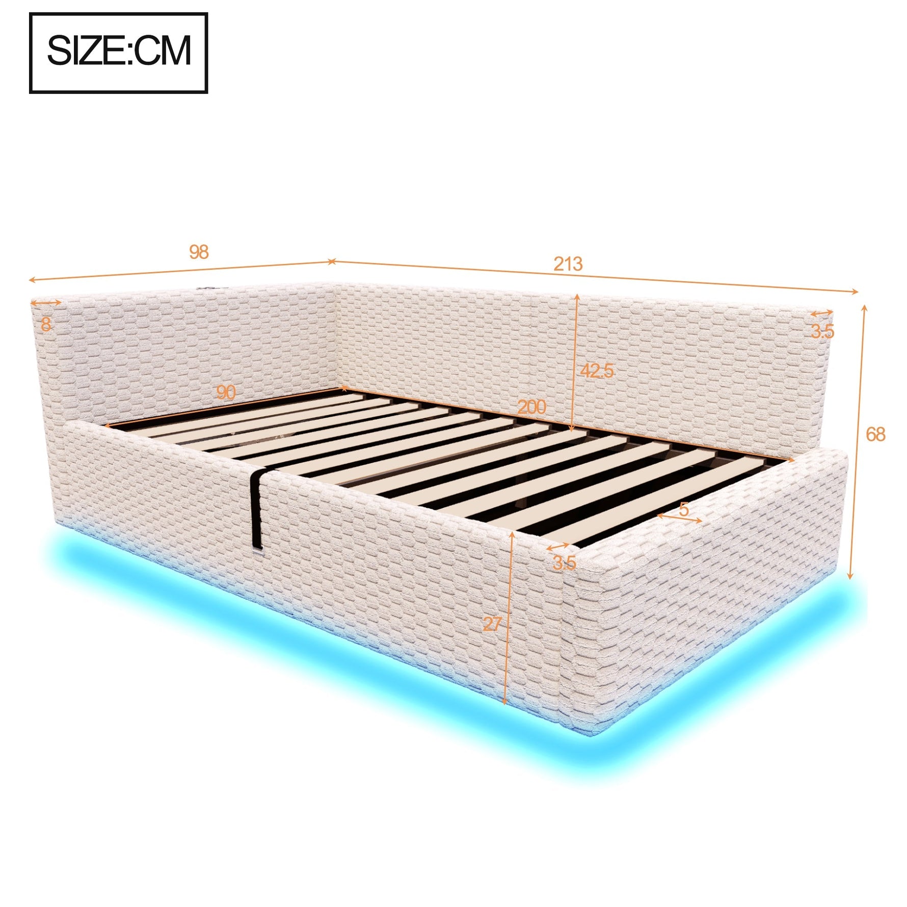 Upholstered Bed 90x200cm with LED Lighting, USB Ports and Hydraulic Storage, Beige Velvet