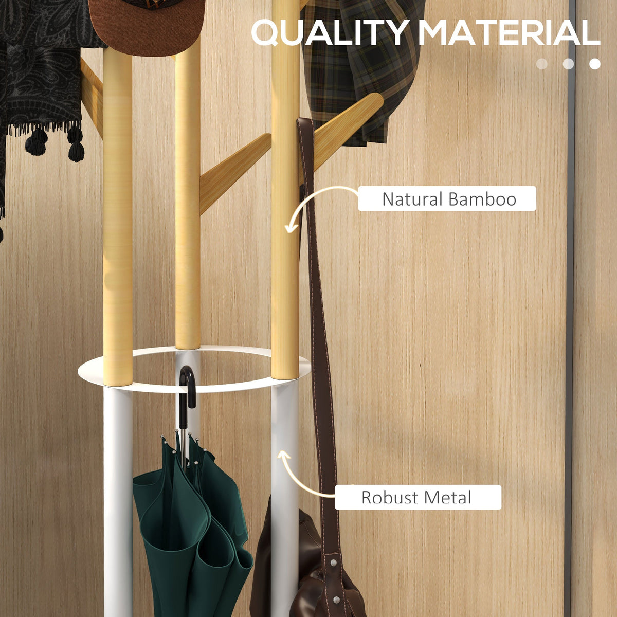 Coat Rack with Umbrella Stand, 13 Hooks, Metal and Bamboo, Natural and White