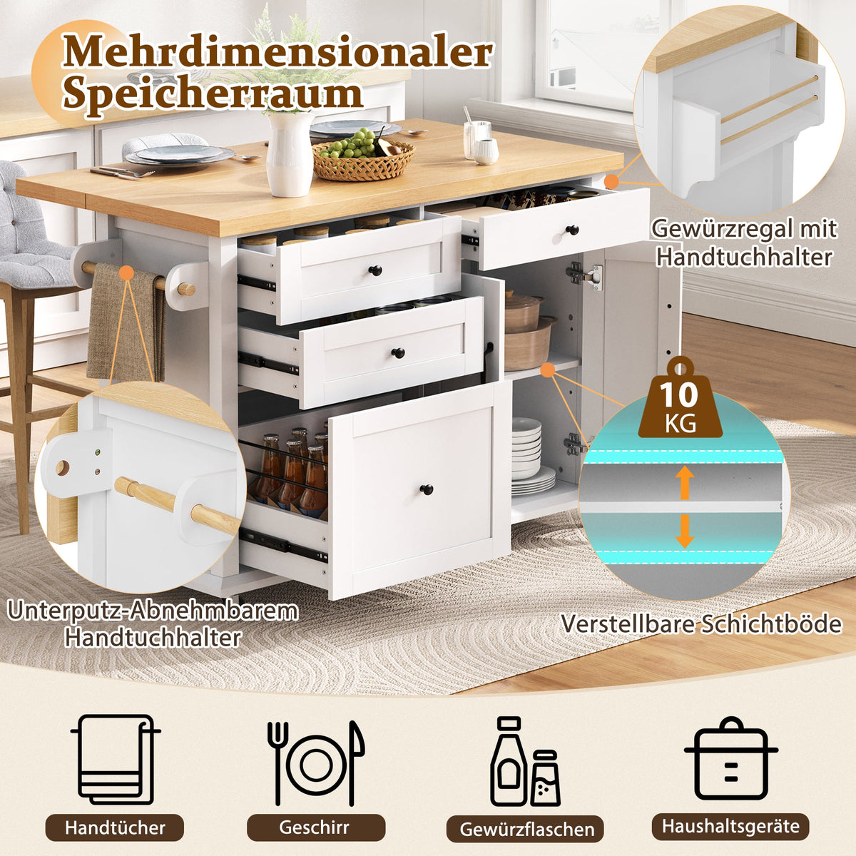 Mobile Kitchen Island, Extendable Dining Table Multifunctional Drawers, White