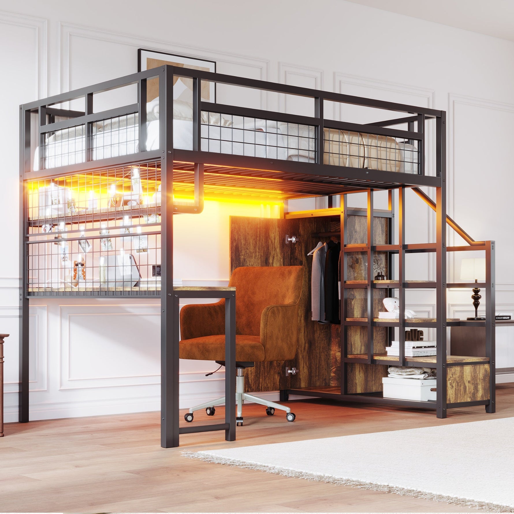 Metal Loft Bed with Storage Ladder, Wardrobe, Table, Shelf and LED, 140x200cm, Black Metal