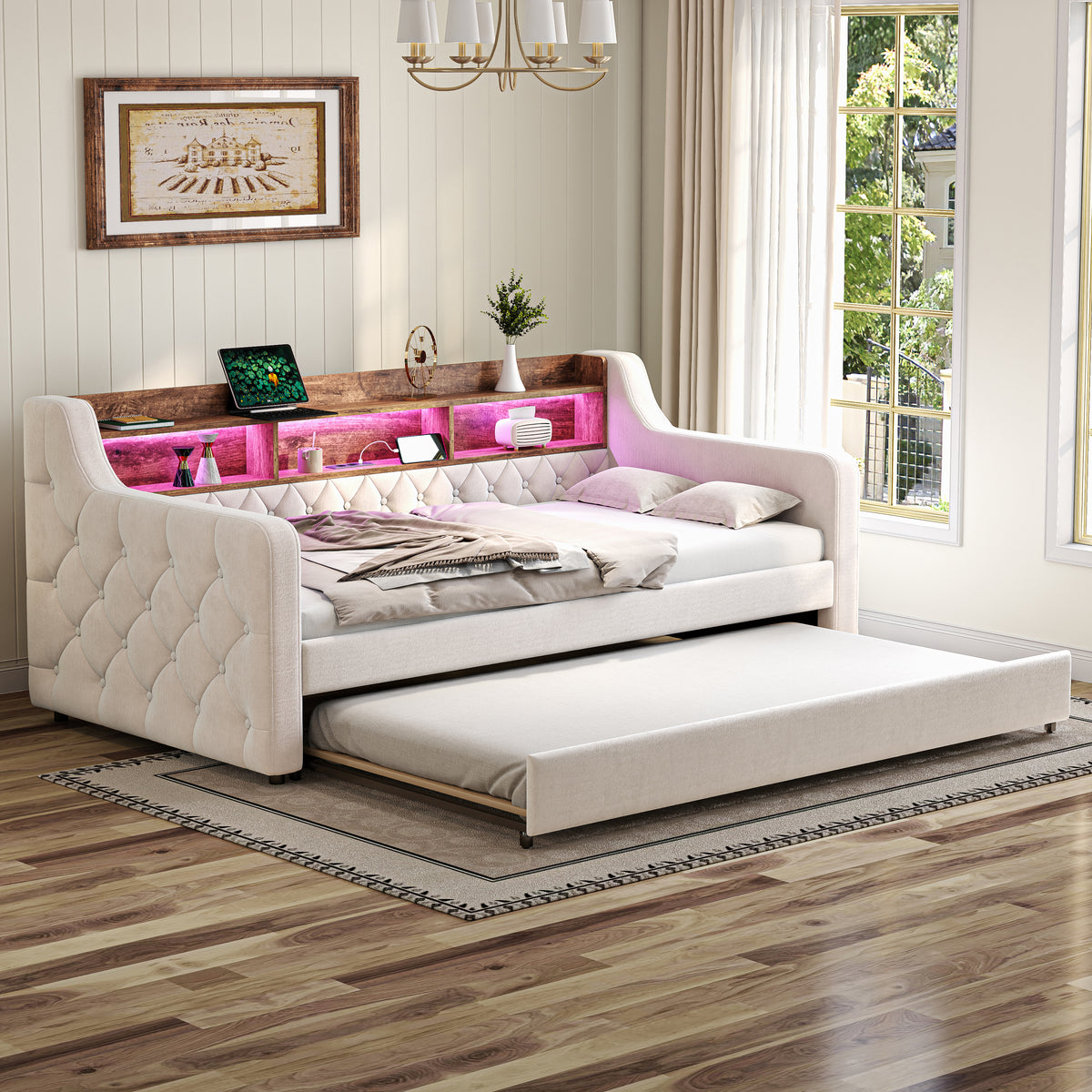 Space-Saving Sofa Bed 90x190cm with Storage & LED, Beige Velvet