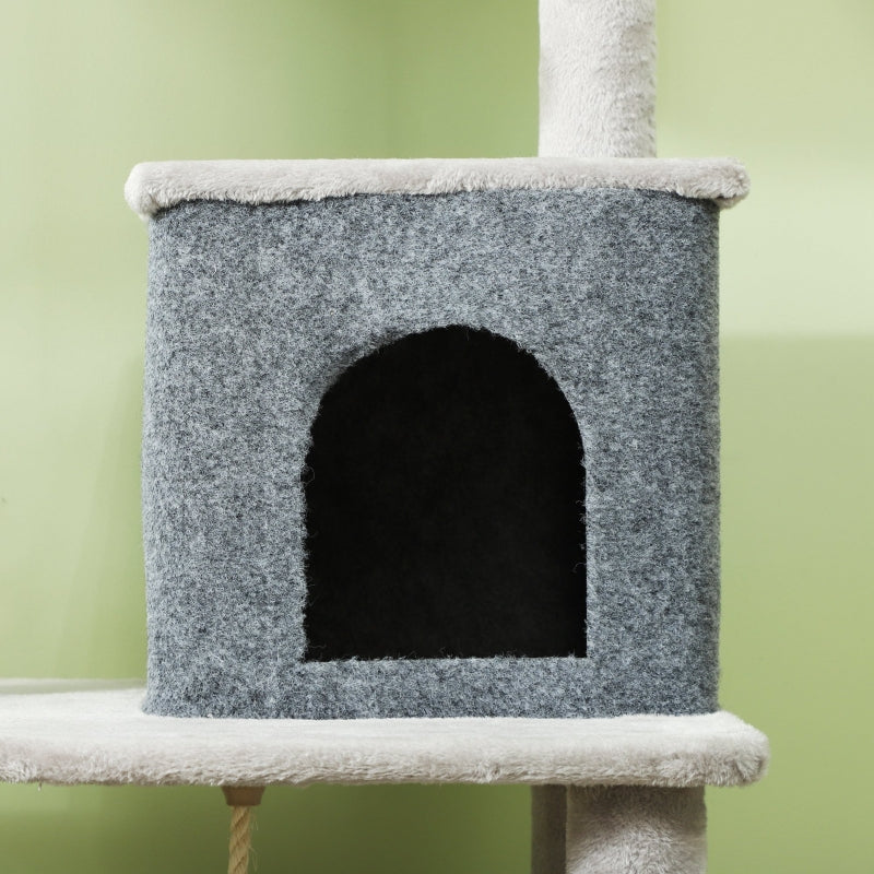 Cat Tree 132cm, Scratching Posts, Bed, House, Platforms, Grooming Brush, Light Grey