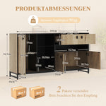 Modern Minimalist Storage Cabinet with Double Doors, Open Shelving and Glass Shelves, Wood and Metal