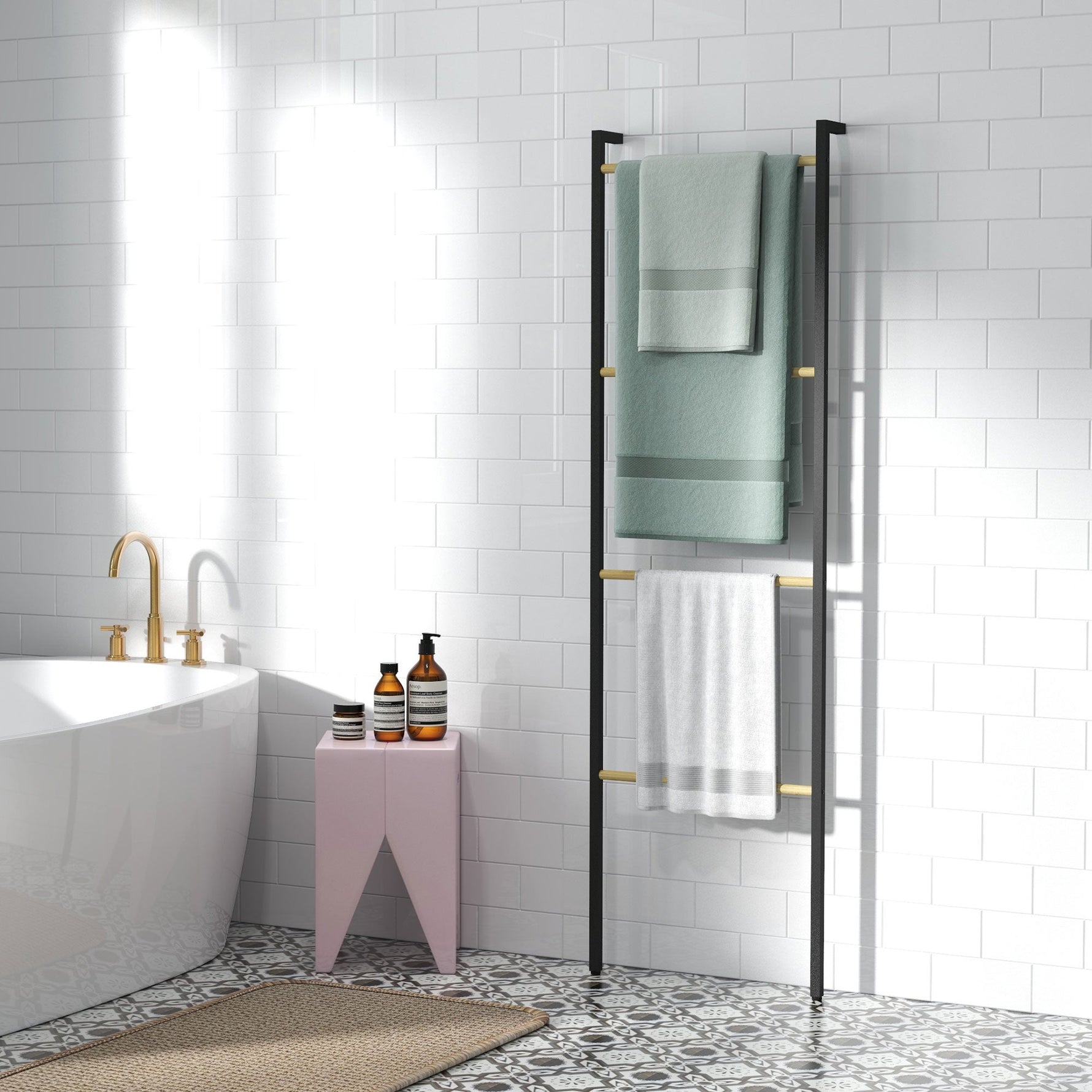 Towel Ladder, 4 Bars, Space Saving, Steel Black