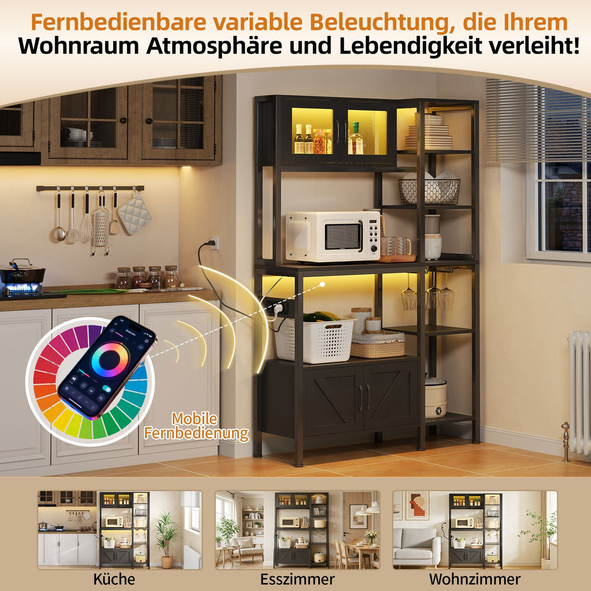 Kitchen Baker's Rack with Power Outlet and LED Lights, Microwave Shelf and Wine Glass Holder, Particle Board and Stainless Steel
