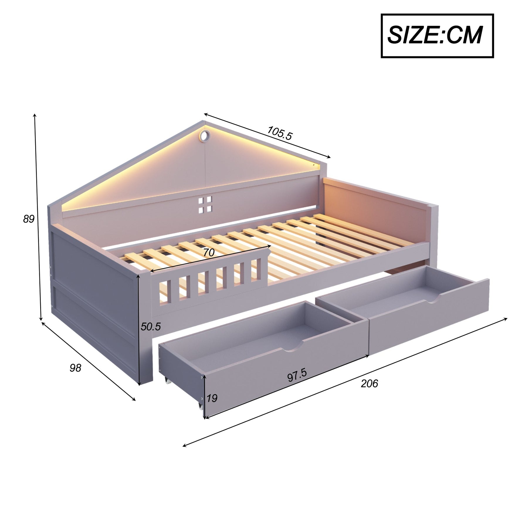 Children's Bed with LED Light Strip and Storage Drawers, 90x200 cm, Grey