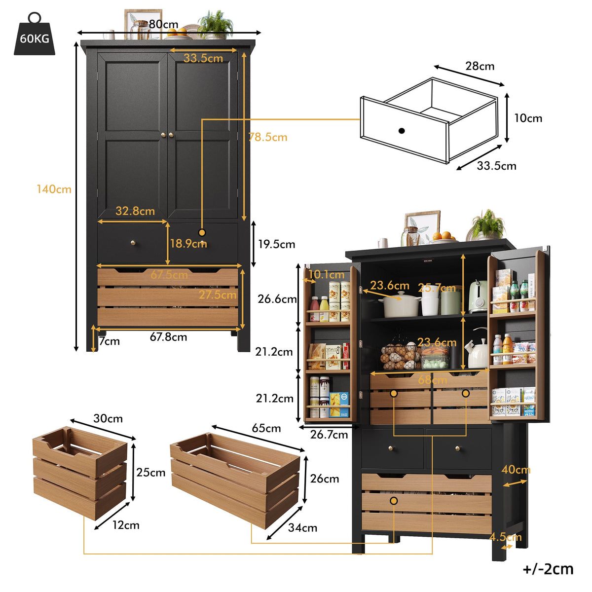 Kitchen Cabinet, Tall Buffet Storage with 2 Doors & 5 Drawers, Black/White