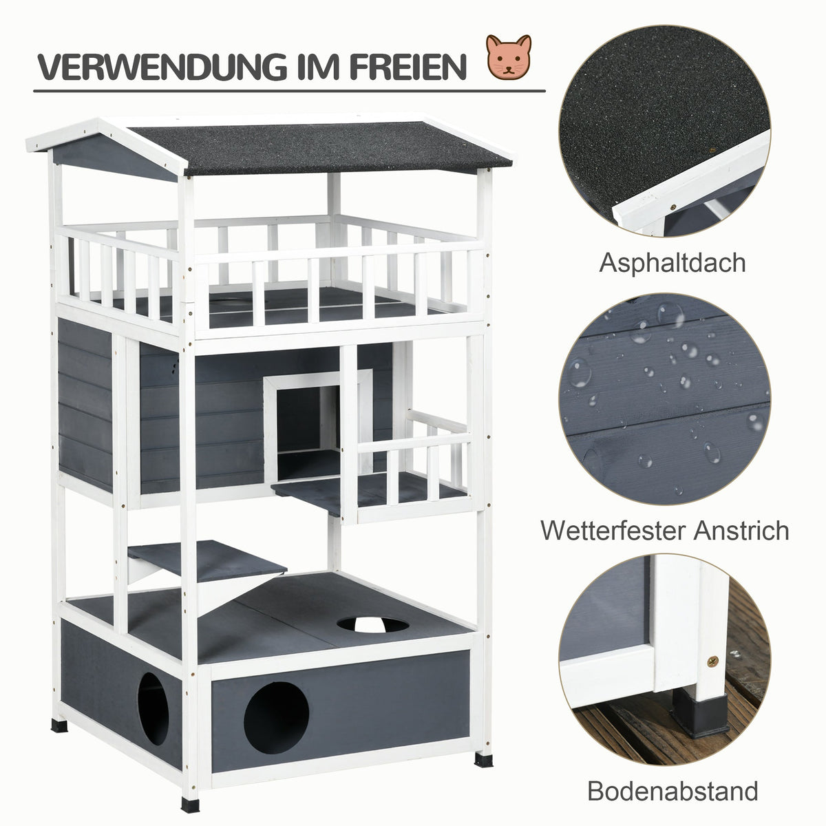 Cat House, 4-Story Balcony Stairs, Solid Wood, Gray
