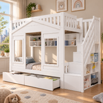 Children's Bunk Bed 90x200cm with Storage Stairs, Solid Wood White