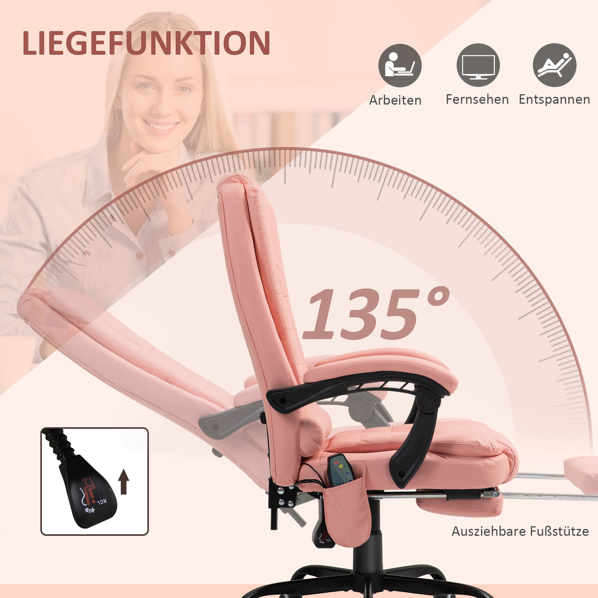 Office Chair, 7-Point Massage Reclining Height-Adjustable 120 kg Capacity, Pink