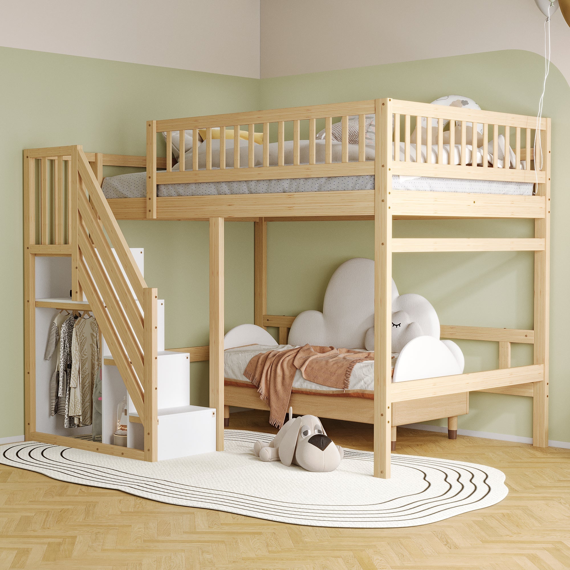 Solid Wood Bed, 140x200 with Storage Stairs & High Railing, Wood Color