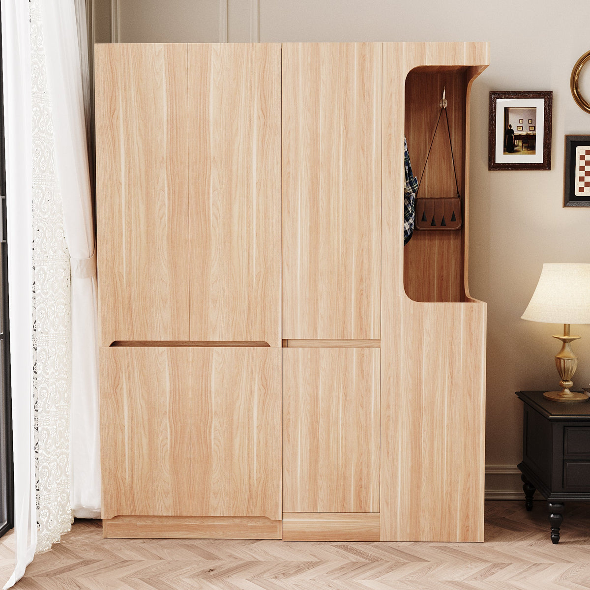 Extra-Large Wardrobe 140x40x170cm with Drawers, Storage, Open Area, Wood Color
