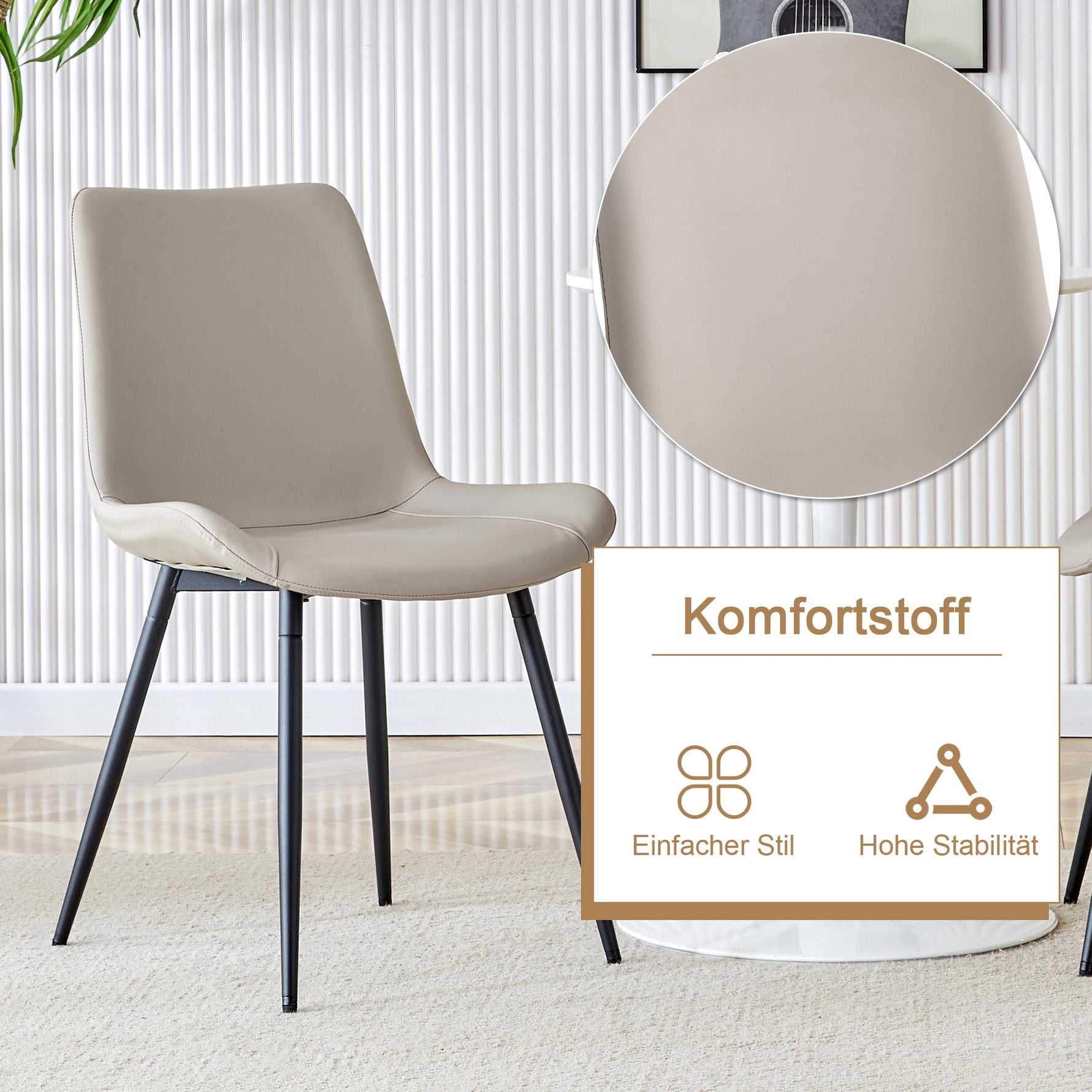 Round Table Set, Modern Minimalist 100cm with Storage and 4 Chairs, Brown Wood Look/Warm Grey PU