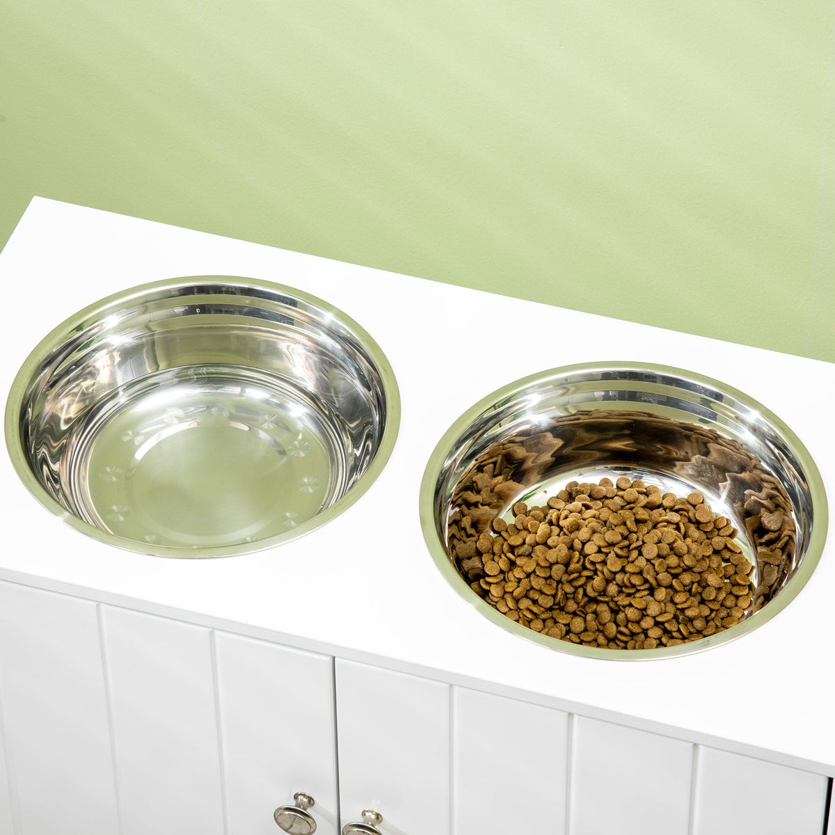 Dog Bowls, Elevated Feeding Station, 2 Stainless Steel Bowls, White