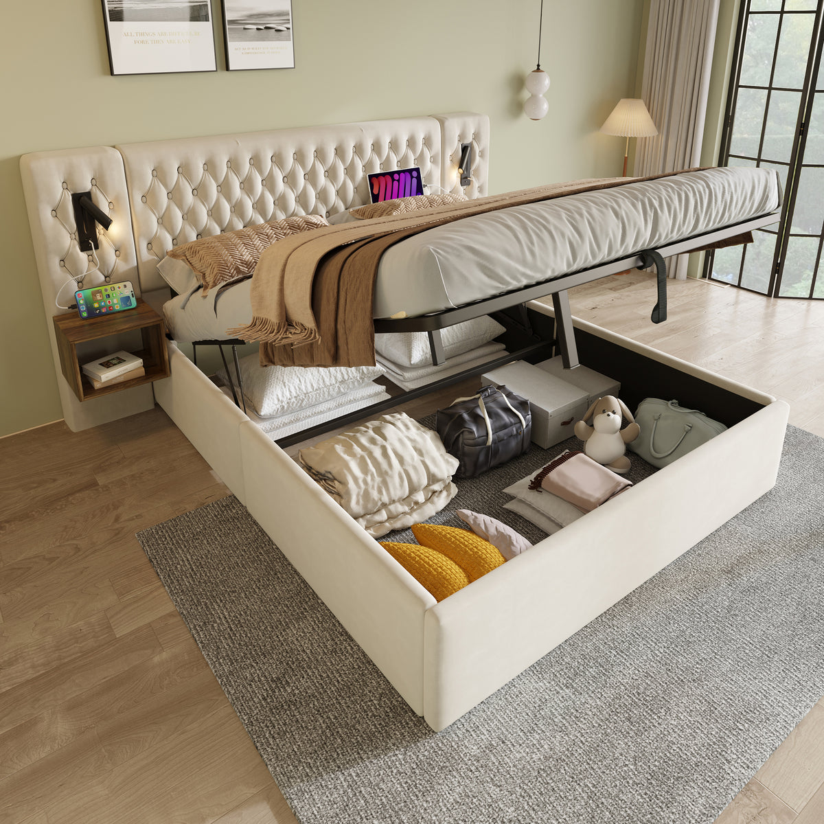 Sofa Bed 90x190cm with Storage, LED & USB, Beige Velvet