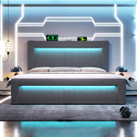 Double Bed with Hydraulic Storage, LED Lighting and USB Charging, Grey Velvet