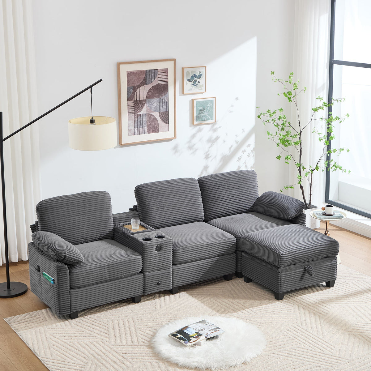 Sofa - Comfort Foam, Removable Console, USB-C, Storage Ottoman - Corduroy