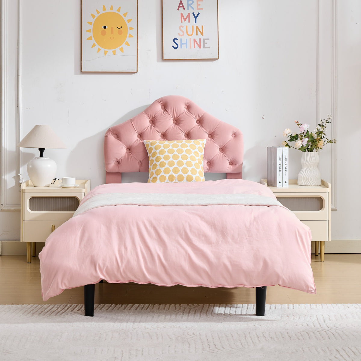 Upholstered Platform Bed Frame with Headboard, 90x200cm, Pink Velvet
