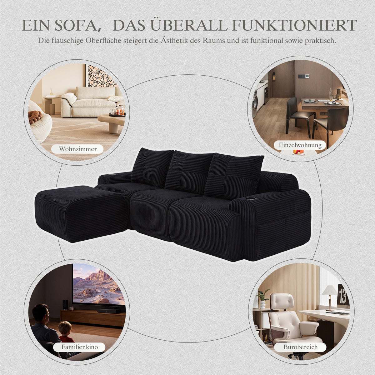 3-Seater Modular Sofa with Ottomans, Cup Holders and Storage, Black Corduroy