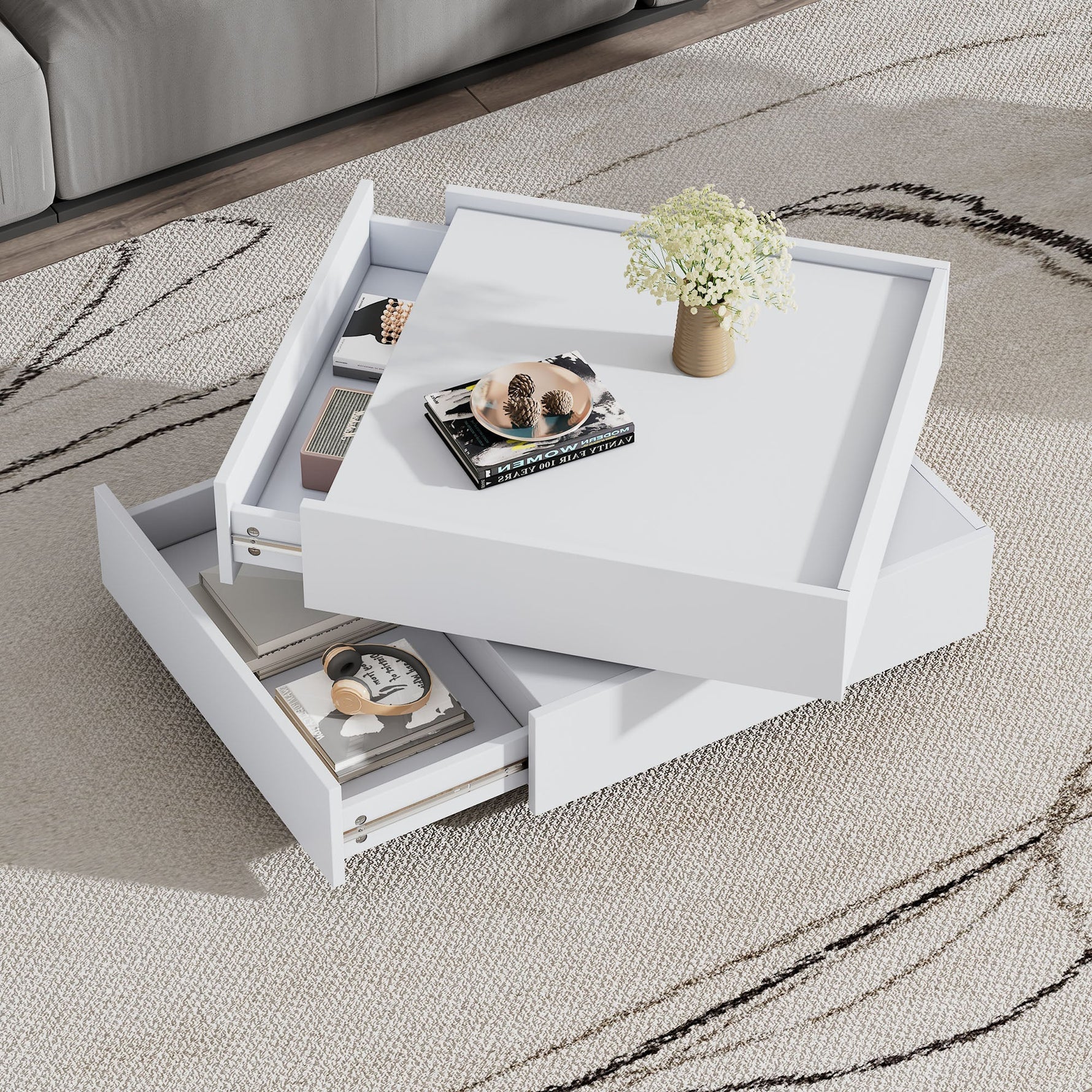 Coffee Table, Functional 360° Rotating with 2 Shelves & Storage, Pure White