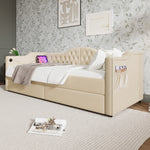 Upholstered Bed, Daybed Sofa Bed with USB C & 2 Drawers, 90x200cm Beige Velvet