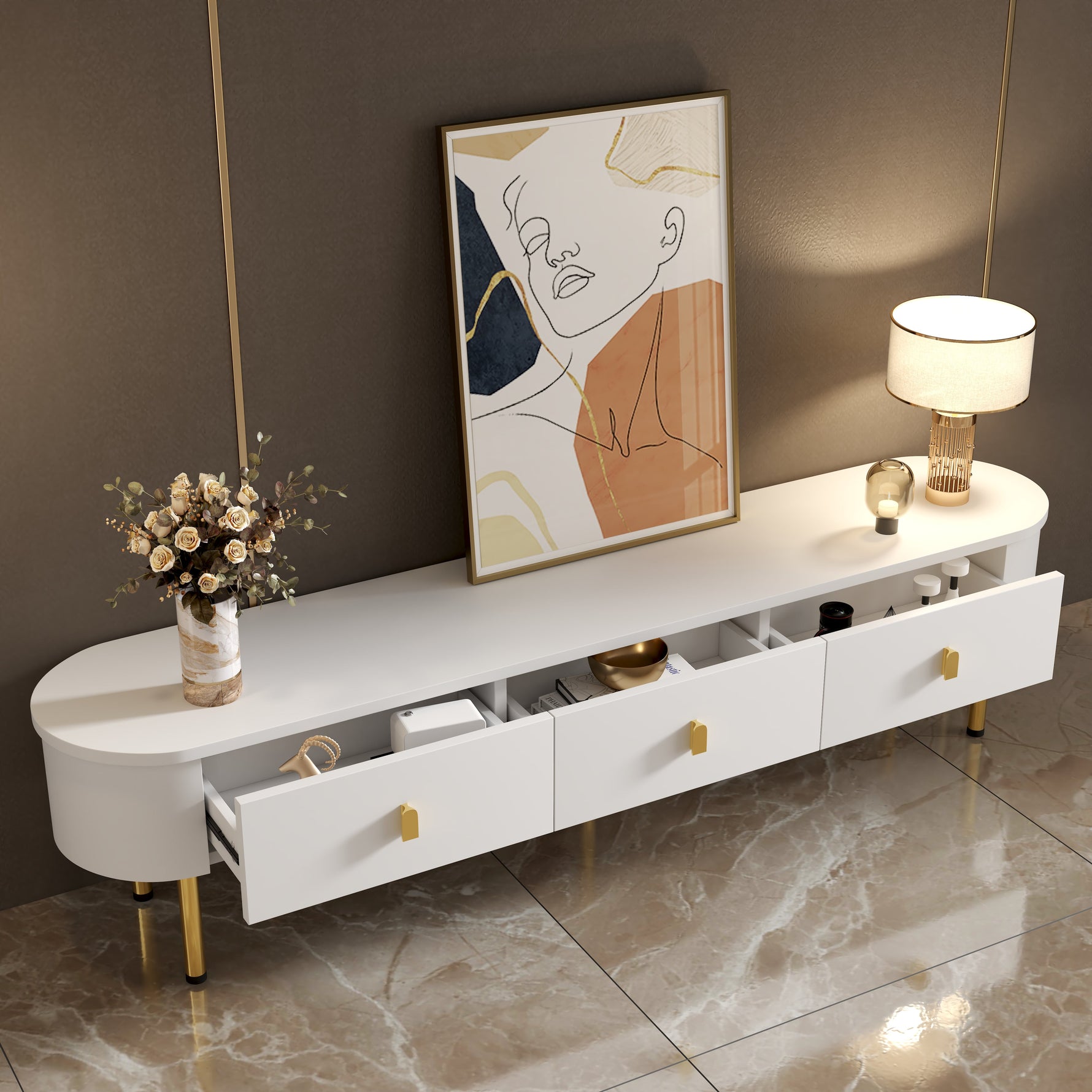 Lowboard TV Cabinet, Drawers with Golden Handles & Legs, Curved Corners