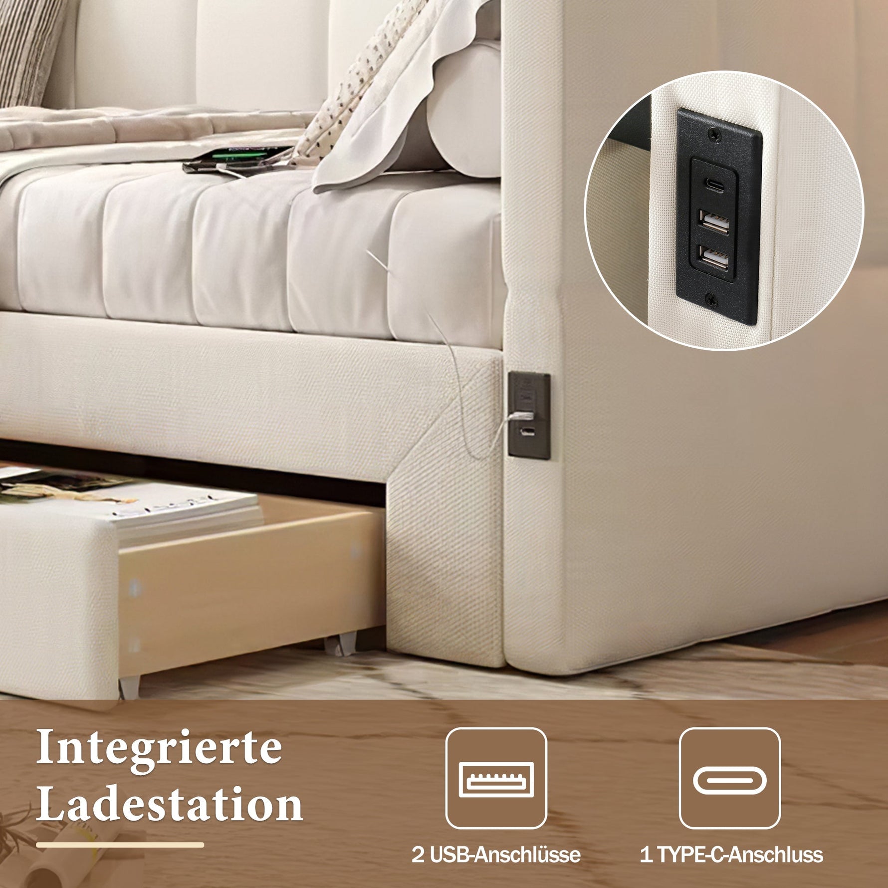 Upholstered Daybed with 2 Storage Drawers and USB Port, Beige Linen
