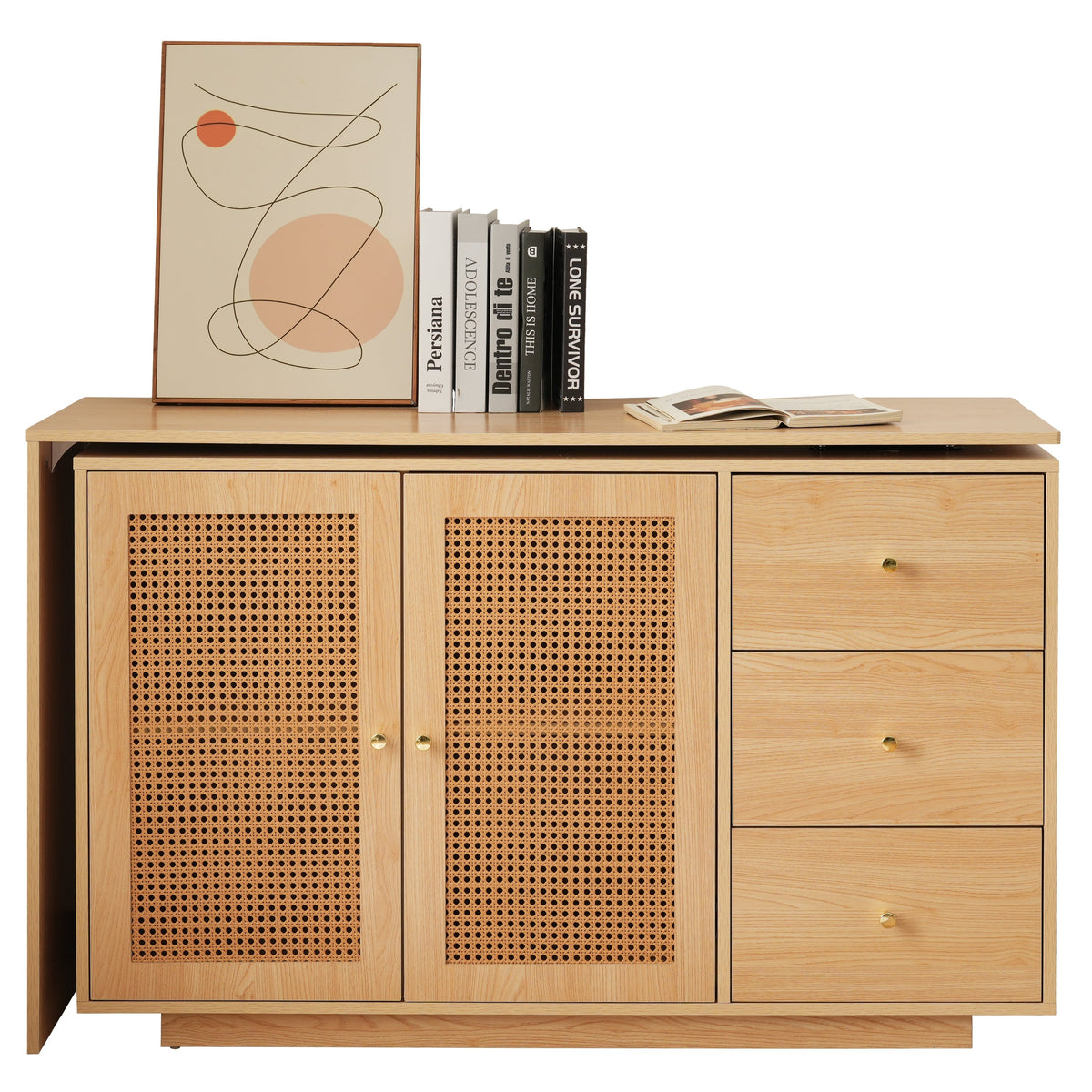 Desk, L-Shaped Corner Computer Table with Rattan Doors, 126 cm White