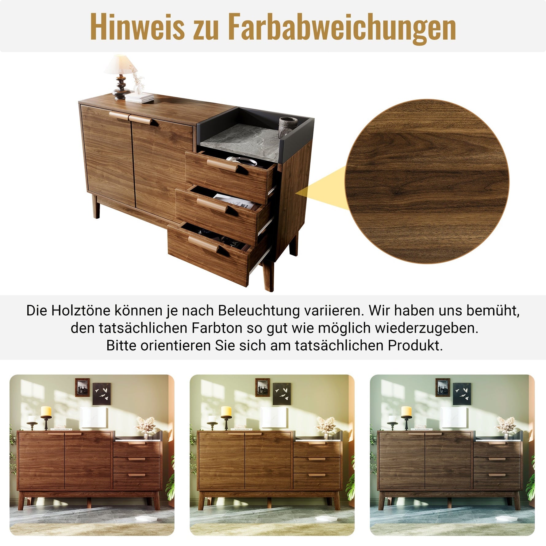 Chest of Drawers, Open Shelf, 3 Drawers & Double-Door Cabinet, Oak with Marble-Effect