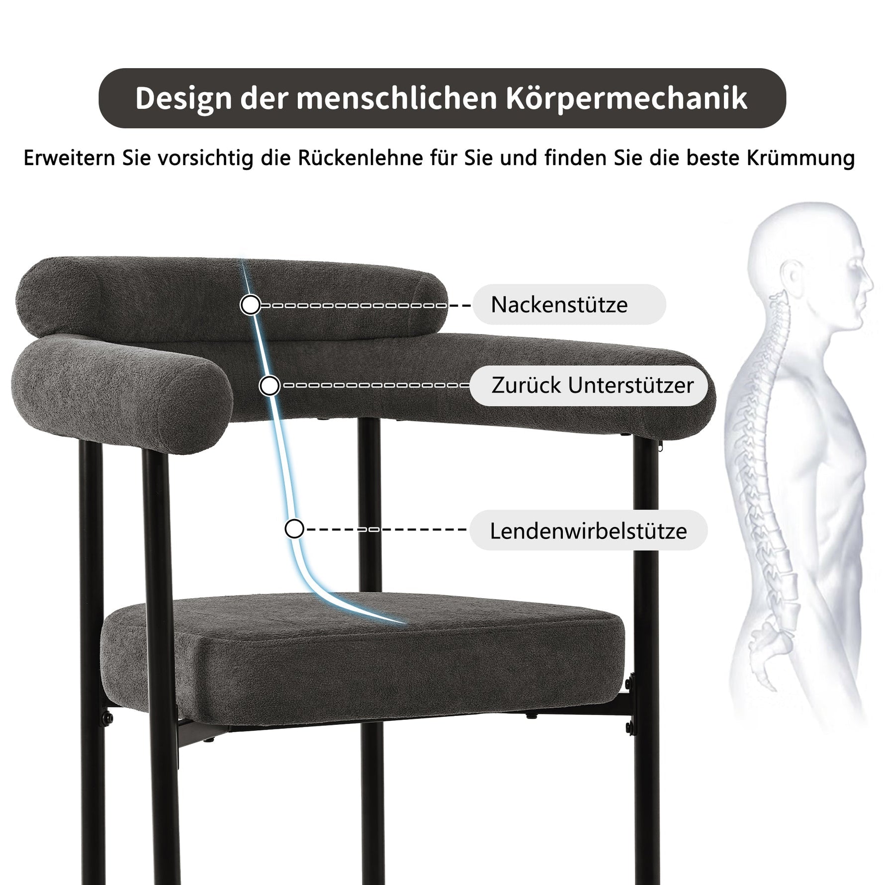 Dining Table and Chair Set (7-Piece) 6 Suede Armchairs Designer Metal Legs - Grey