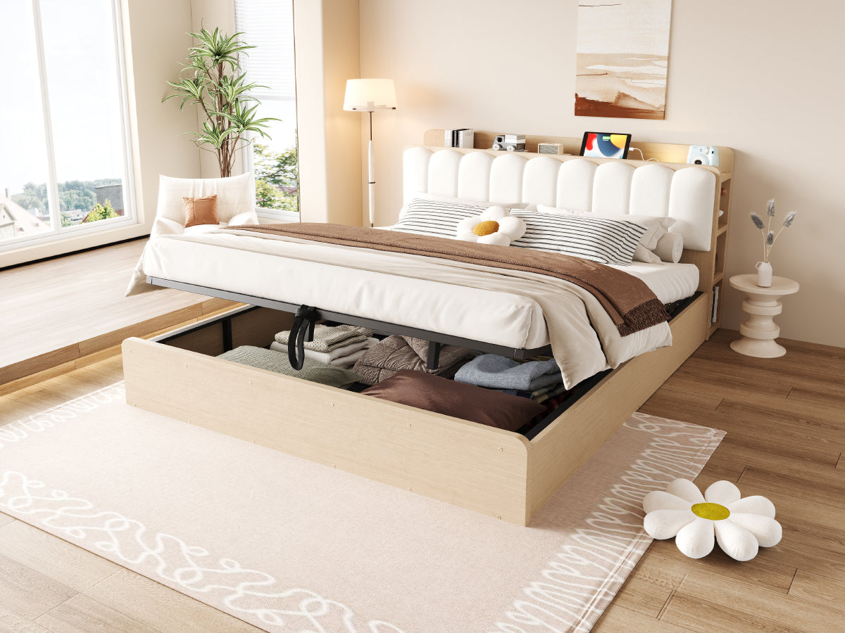 Wooden Flatbed 180x200 with Hydraulic Storage & USB, Wood