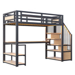Metal Loft Bed with LED, Socket, Storage Ladder, Shelves and Desk, 90x200cm, Black Metal