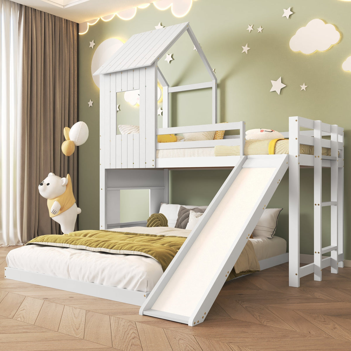 Bunk Bed, Slide House Bed with Safety Gate & Ladder, Pine + MDF, White